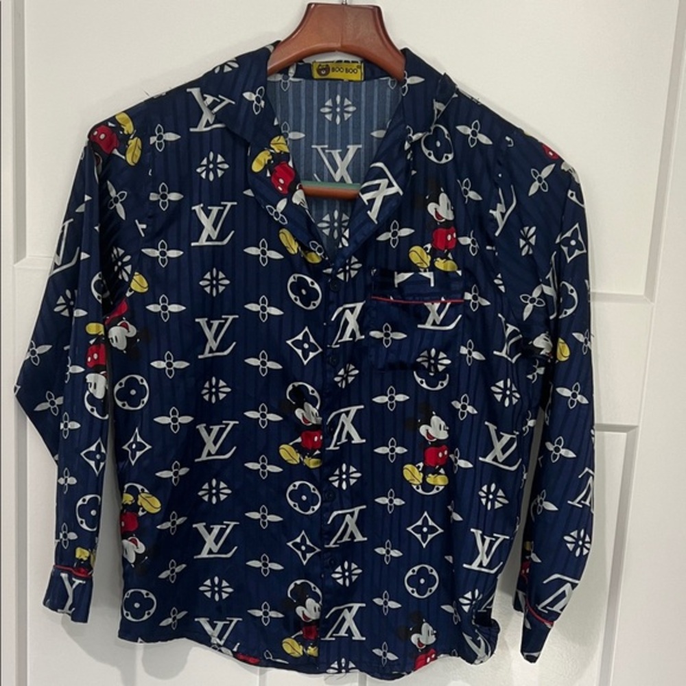 Boo Boo Louis Vuitton Print Navy Shirt with Mickey Mouse Pattern Sz S